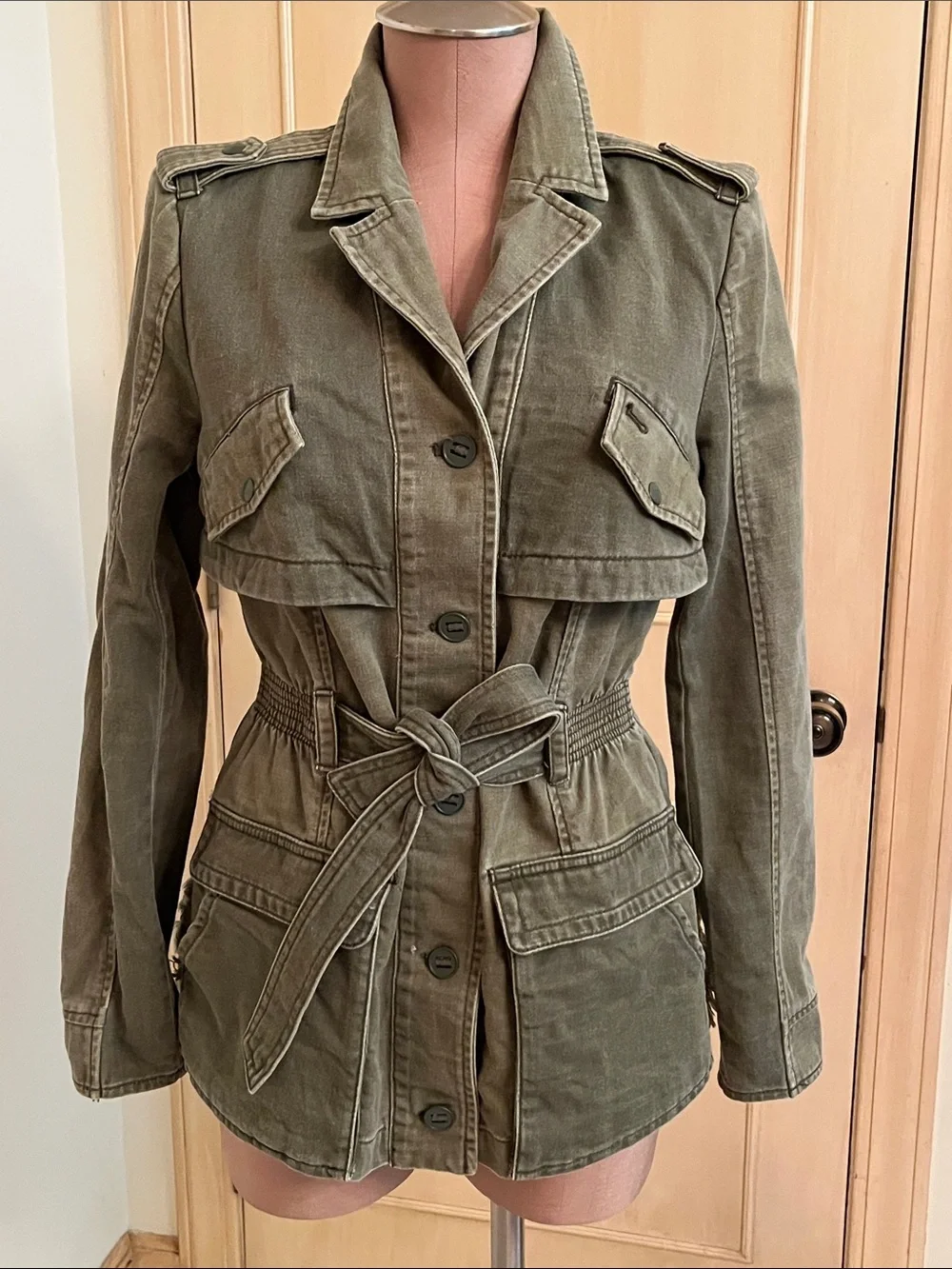 ANTHROPOLOGIE HEI HEI Modern Arty Ruffle Peplum Olive Utility Tie-Waist Jacket S